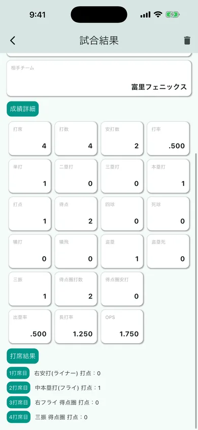 試合結果画面：打数・安打・打率・OPSと打席ごとの結果